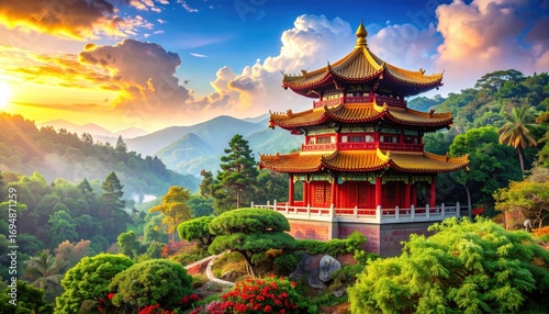 A vibrant Asian pagoda stands amidst lush greenery, framed by a breathtaking mountain landscape at sunset.