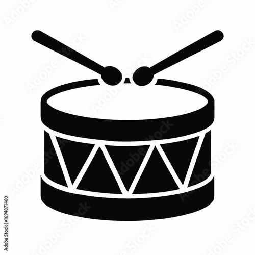 Simple black silhouette of a drum with drumsticks