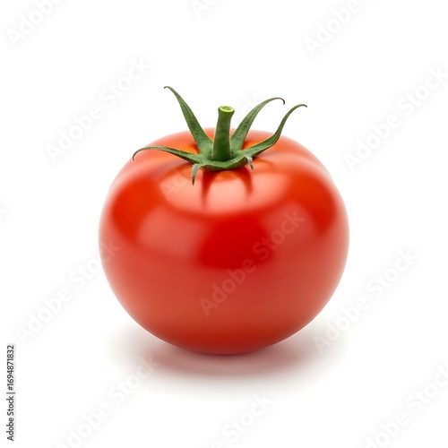Wallpaper Mural A vibrant, glossy tomato, displaying rich red tones and fresh green stem, is presented against a plain white background. Torontodigital.ca