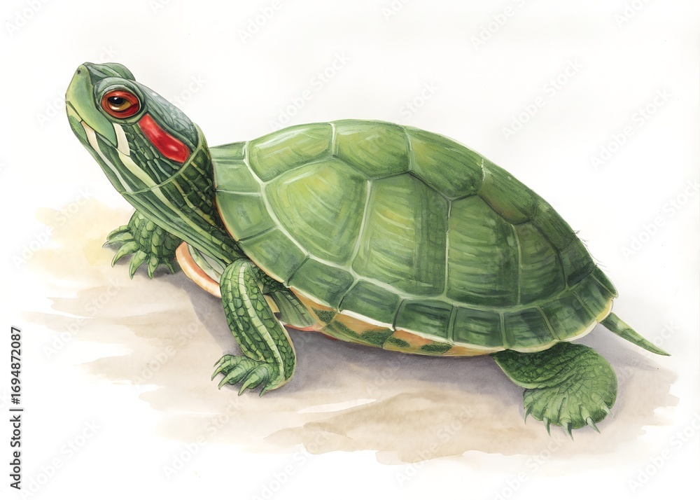 Obraz premium Watercolor painting of a redeared slider turtle isolated on white background