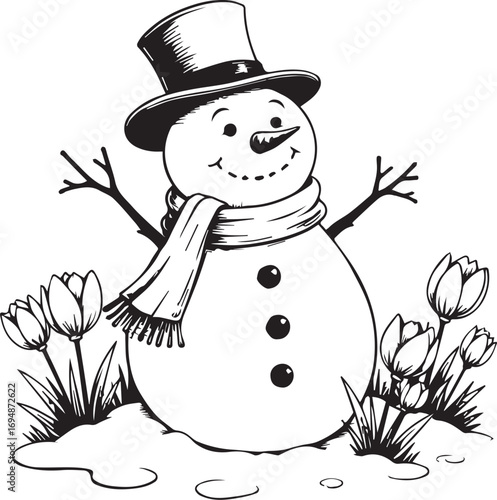Whimsical Snowman: An enchanting illustration captures a jolly snowman with a top hat, scarf, and charming smile. Surrounded by spring flowers. 