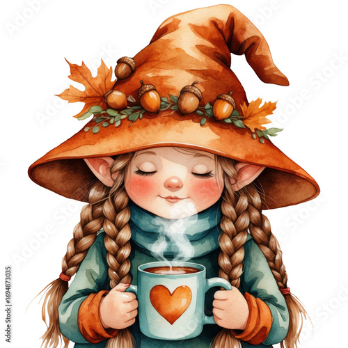 Charming autumn gnome girl with braids enjoys a warm drink while embracing the spirit of fall