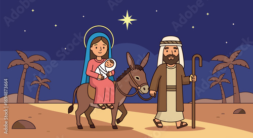 Nativity scene illustration: mary, joseph, and baby jesus on donkey on transparent background