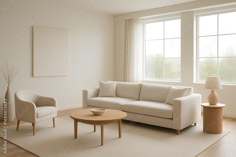 Fototapeta premium Minimalist living room with large windows, neutral tones, and natural light