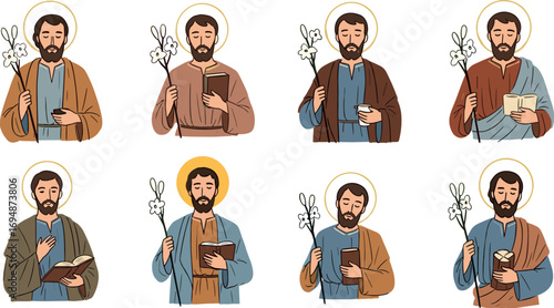 Illustrations of saint joseph with lilies and haloes on transparent background