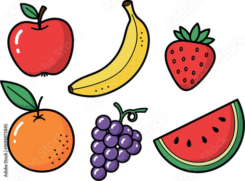 Cartoon illustration of various fruits: apple, banana, strawberry, orange, grapes, and watermelon on transparent background