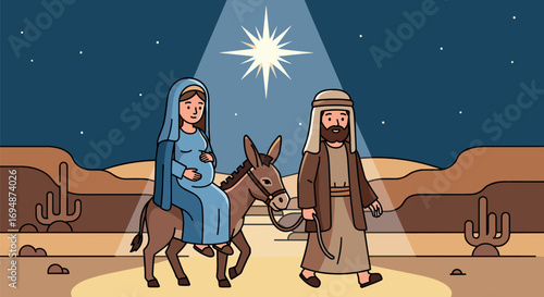 Cartoon depiction of mary and joseph journeying with a donkey under a guiding star on transparent background
