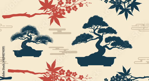 Bonsai trees and floral branches pattern on beige background on transparent background