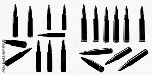 Black silhouettes of various rifle cartridges and ammunition arranged in different orientations on a transparent background.