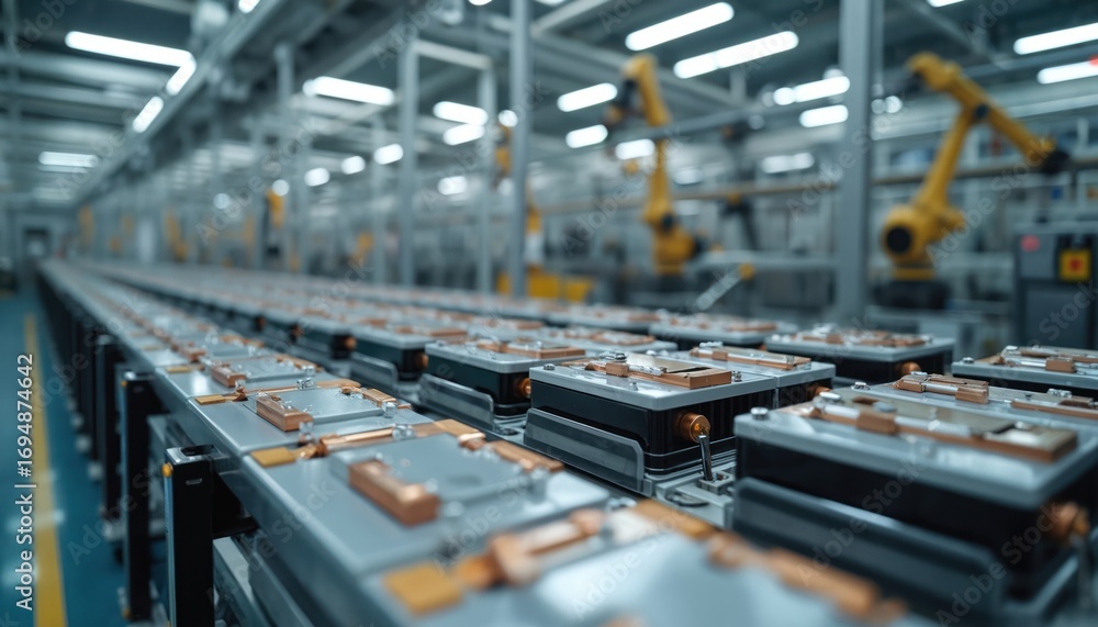 Fototapeta premium Electric battery manufacturing plant shows conveyor belt with parts of assembled mechanisms. Automated robotic assembly line features advanced technology for efficient production process. Industrial