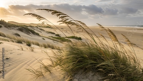 windswept sea oats on sandy beach dunes