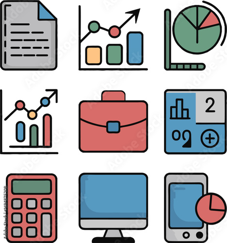 A colorful set of outlined icons representing business analytics and finance, including graphs, charts, office equipment, and data reports for web design