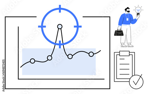 Line chart with target focus, clipboard with checklist, and man holding lightbulb representing innovation. Ideal for business, data insights, goal setting, growth, planning, strategy simple flat