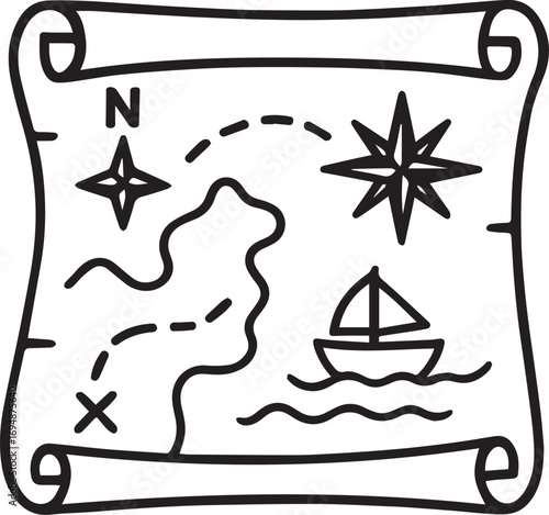 Hidden Treasure Map: A vintage treasure map, etched with intricate details including a compass rose, star, ship and a marked route, invites adventurers to embark on an epic quest.