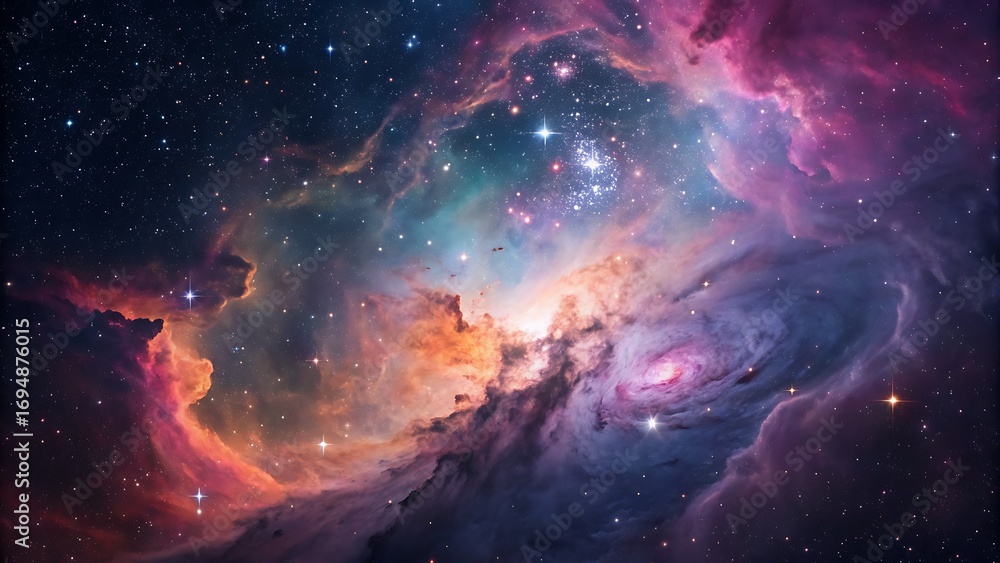 Fototapeta premium Vibrant Cosmic Cloudscape: A Stunning View of Distant Nebula Formations with Sparkling Stars and Interstellar Dust, Great For Backgrounds.