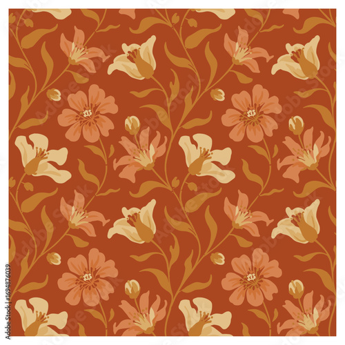 This seamless pattern, titled "Autumn Bloom", features a delightful mix of warm-toned flowers, including lilies and smaller blooms, in shades of peach, cream, and soft orange, set against.