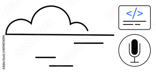 Cloud silhouette connected to a code editor interface and a microphone icon, representing cloud computing, coding, voice technology, and digital accessibility. Ideal for tech, coding, AI, automation