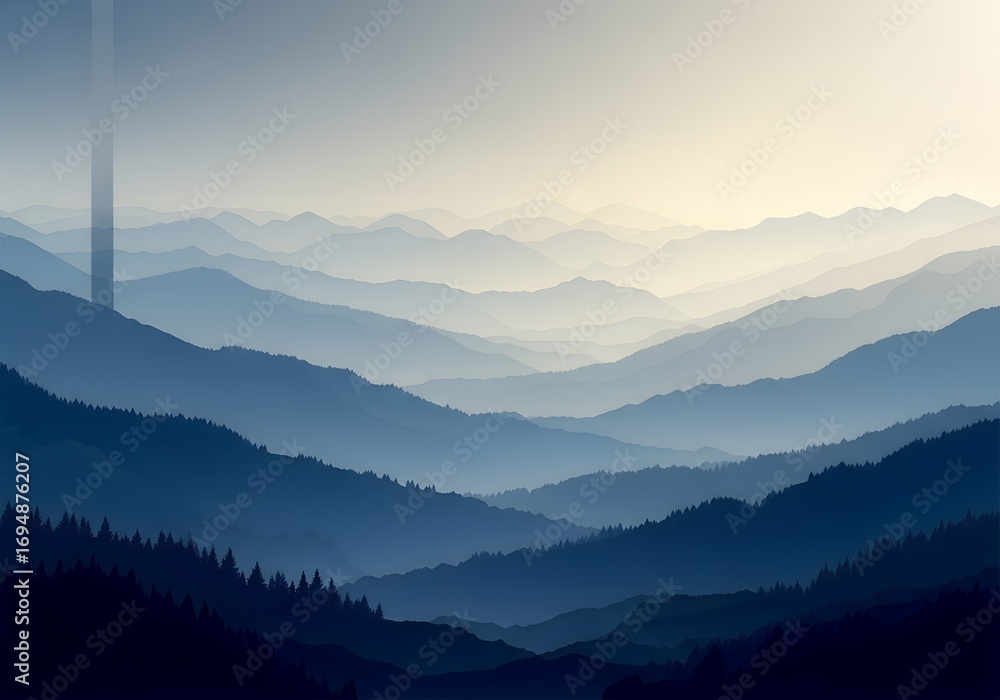 Fototapeta premium Serene blue mountain landscape with layers of rolling hills fading into a soft hazy sky at sunrise or sunset evoking peace and natural beauty