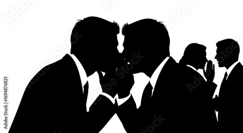 Silhouettes of people whispering secrets to each other in business attire