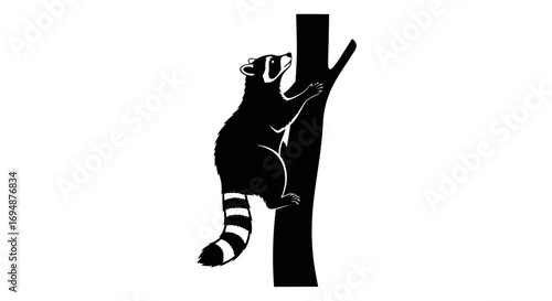 Black and white illustration of a raccoon climbing a tree trunk