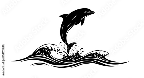 Black silhouette of a dolphin leaping over waves