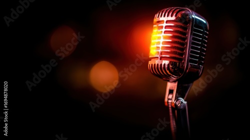 Classic microphone illuminated by warm light on dark background at live event