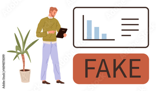 Man standing next to potted plant, holding a tablet and reviewing data. Bar graph and Fake tag highlight misinformation. Ideal for fraud, misinformation, research, technology, social media, analysis