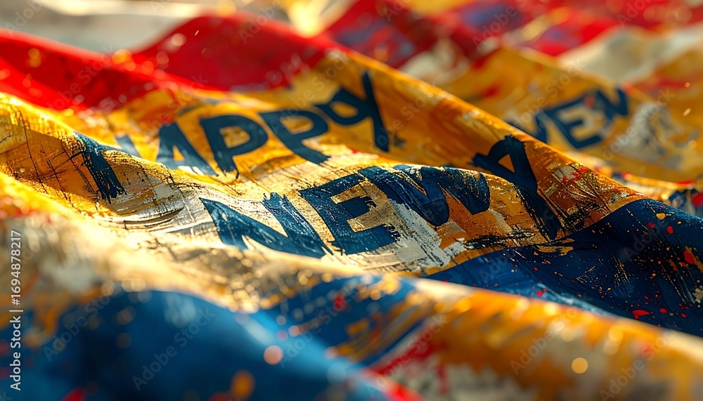 Fototapeta premium Bold ‘Happy New Year’ Painted on Parade Banner with Fabric Weave and Cinematic Motion Blur