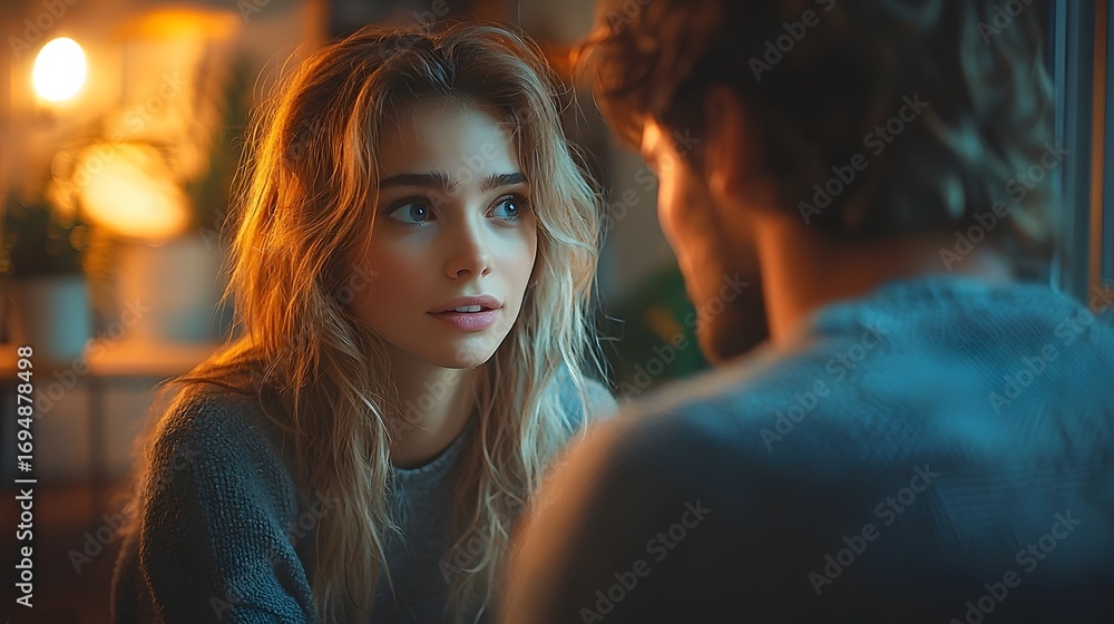 Naklejka premium A woman looks attentively at a man in a warm intimate indoor setting