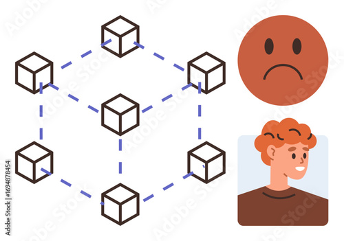 Interconnected blocks representing blockchain network, sad red face symbolizing distrust, and smiling person illustrating trust. Ideal for technology, decentralization, social impact, human factors