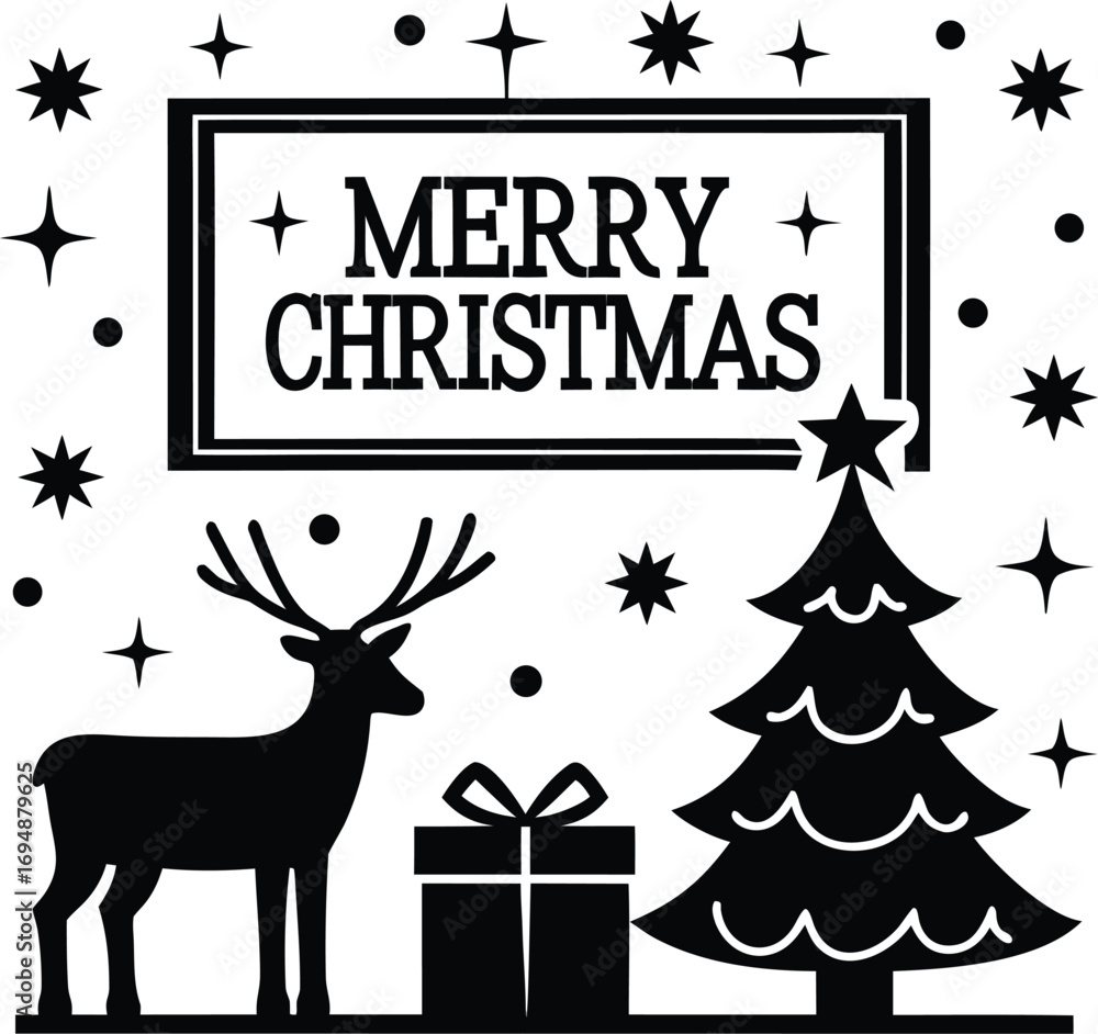 Fototapeta premium Merry christmas text banner template card reindeer tree and snowflake