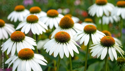 Close-up view of vibrant white coneflowers with deep orange centers, showcasing a beautiful garden scene.
