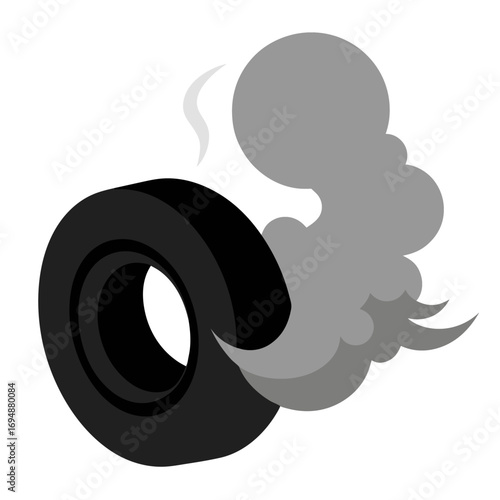 Tire emitting smoke cloud vector on white background.