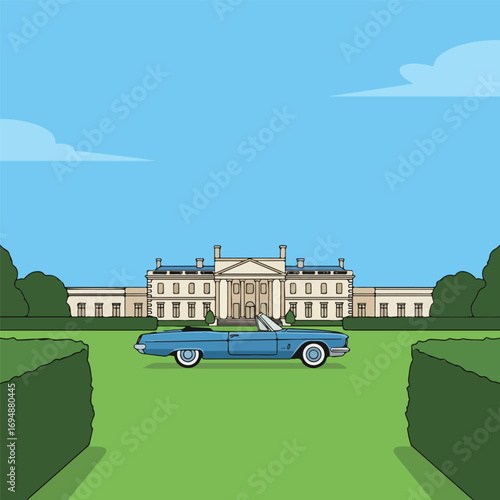 Classic blue convertible parked on lush green lawn before grand estate mansion