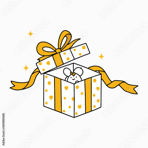 Adorable mouse peeking out of a surprise gift box tied with a festive orange ribbon