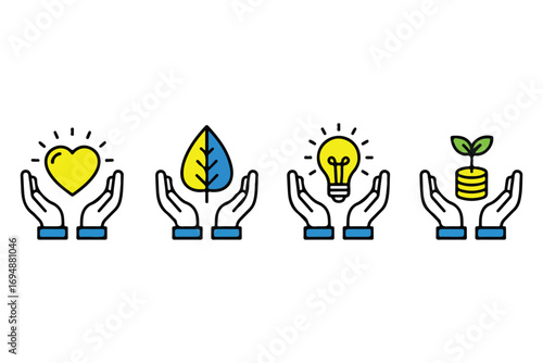 Four hands holding symbols of sustainability growth innovation and well being