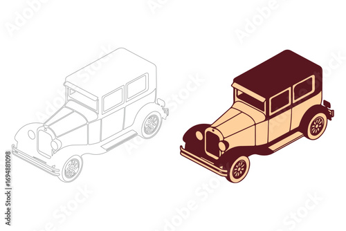 Vintage automobile blueprint and isometric illustration side by side comparison