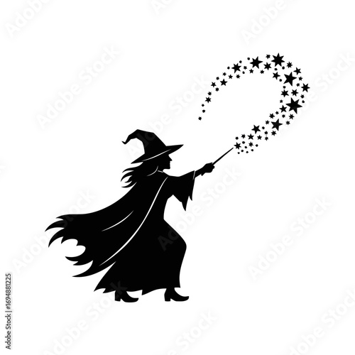 Silhouette of a witch casting a spell with stars