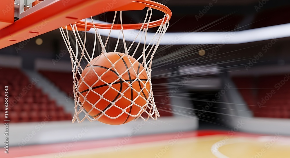 Fototapeta premium Basketball Going Through Net in Arena Slam Dunk Victory Celebration Sports Game Moment
