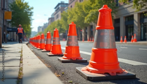 Bright orange traffic cones line city street, marking active construction zone on sunny day. Men at work visible in background. Cones signal detour, caution for roadwork, maintenance projects, public