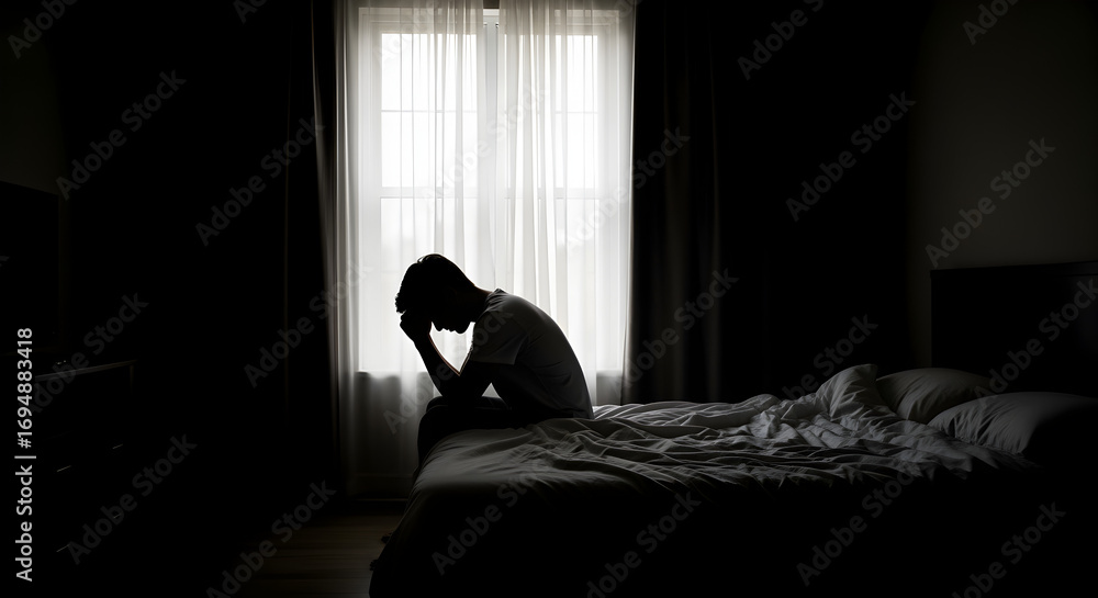 Silhouette of a Man with Downcast Head Sitting on a Bed Near a Window