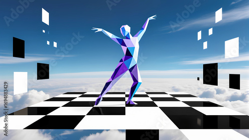 Abstract geometric dancer on a floating chessboard above the clouds