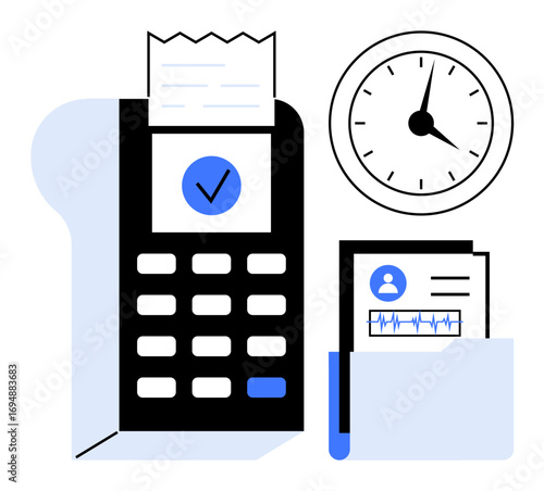 Payment device with printed receipt, clock, and documents in folder suggesting efficiency, record-keeping, and financial transactions. Ideal for finance, business, time management, retail