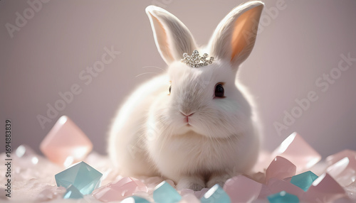 Adorable white rabbit wearing tiara among pastel crystals