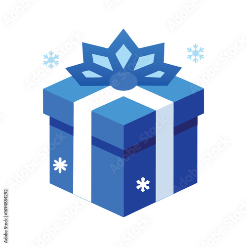 Blue gift box with snowflake ribbon and falling snow