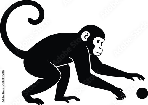 Playful monkey reaching for a small ball with curiosity in a simple graphic style