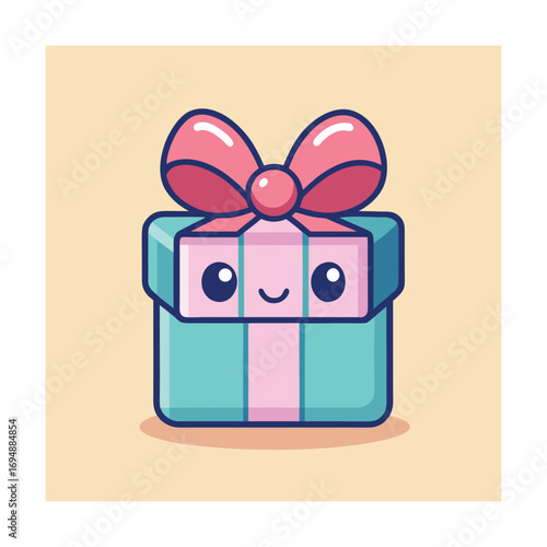 Cute kawaii blue gift box with pink ribbon and face
