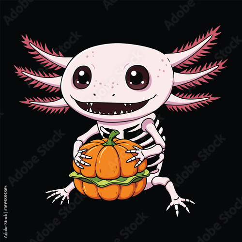 Cute cartoon axolotl skeleton holding a halloween pumpkin with black background