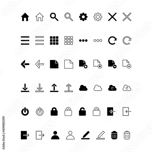 Core system icons set in solid and outline styles including home, search, settings, menu, grid, refresh, arrows, document, upload, download, cloud, power, lock, user, edit, login, logout, trash
