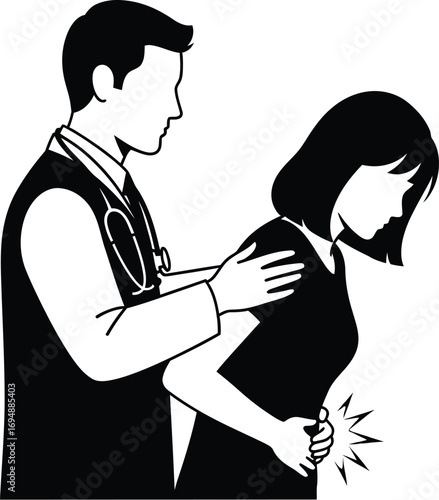 Doctor comforting patient experiencing abdominal pain during medical examination